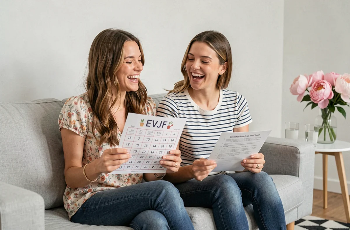 Deux amies riant en jouant à un jeu de bingo EVJF imprimé sur un canapé gris dans un appartement moderne