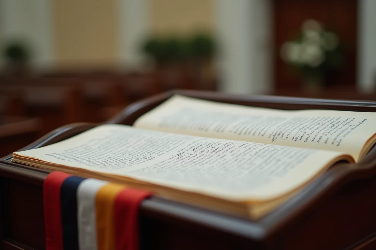 Discours de mariage manuscrit annoté posé sur le pupitre d'un maire avec écharpe tricolore visible en arrière-plan