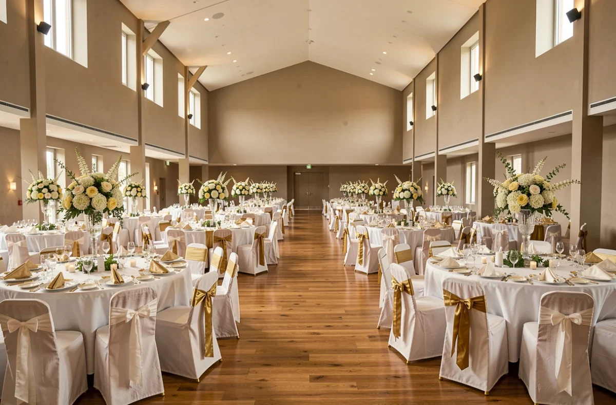 Grande salle de réception du Domaine du Bois des Lys en Vendée, décorée pour un mariage avec tables rondes, vaisselle dorée et hauts plafonds