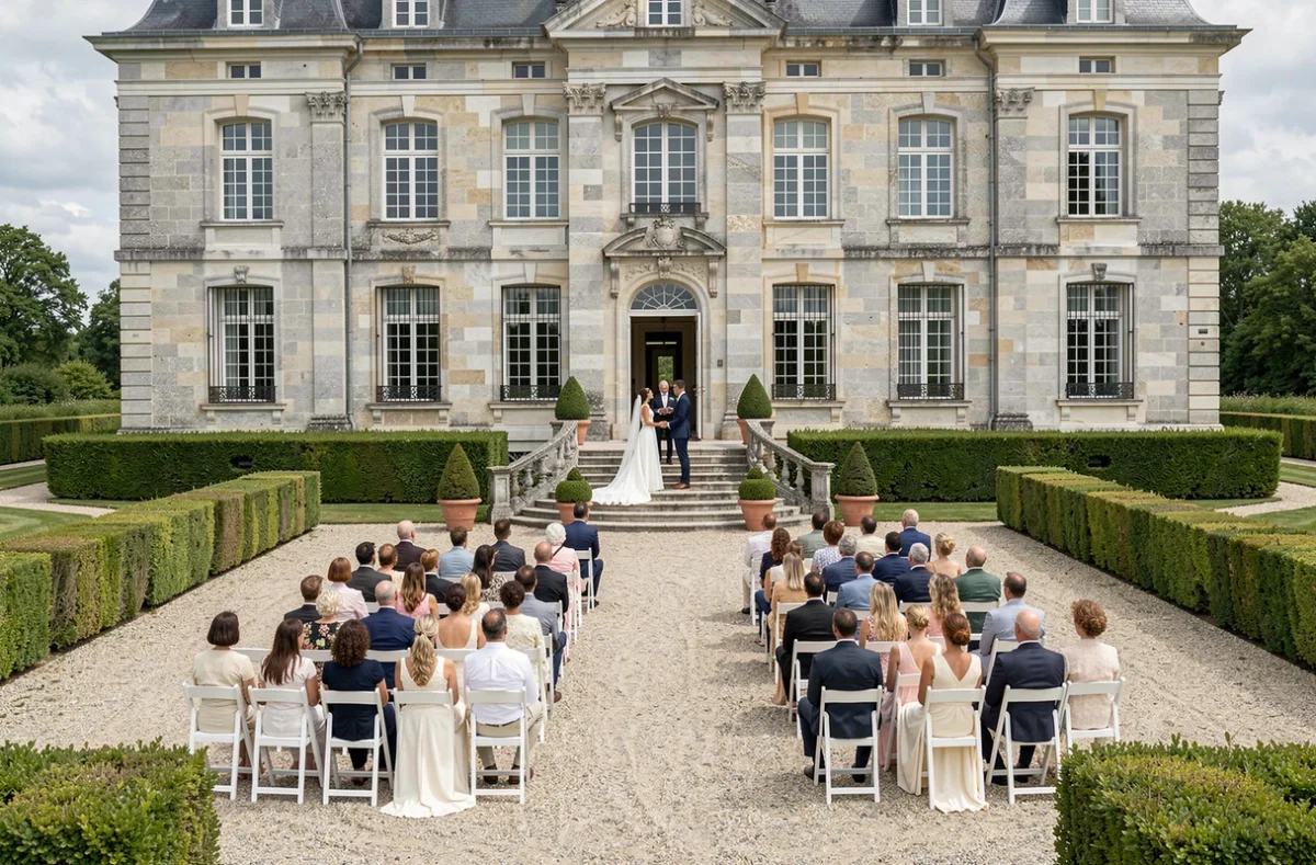 Cérémonie de mariage devant le Château de Brandois au coeur de la Vendée, avec invités assis dans la cour et façade en pierre en arrière-plan