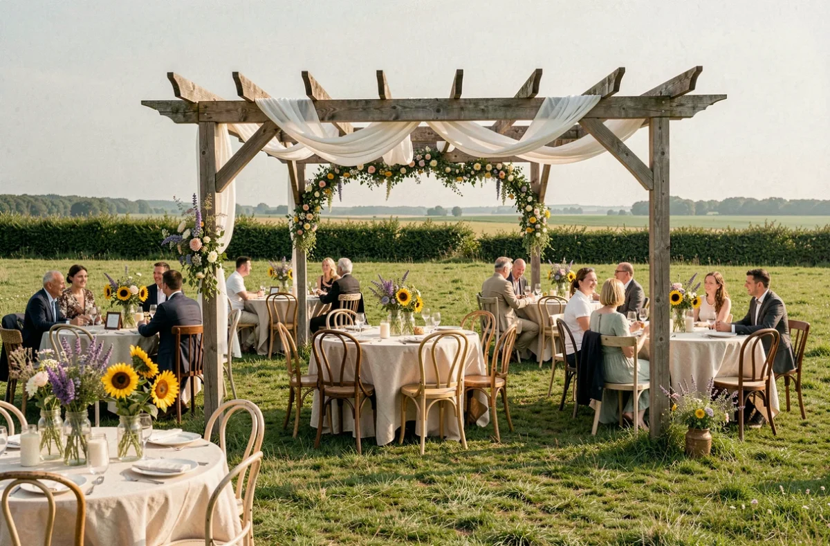 Réception champêtre au Domaine de la Chaumerie en Vendée avec pergola fleurie, tables vintage et espaces verts autour des invités