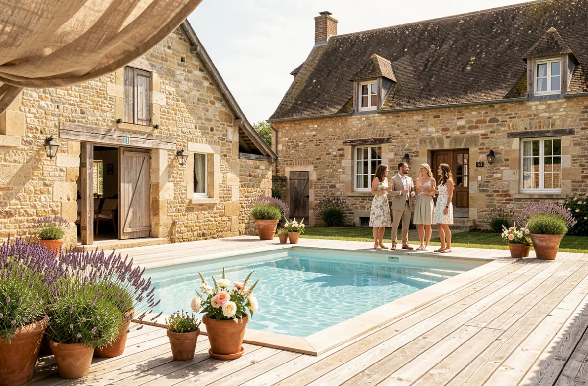 Ferme rénovée du Domaine de la Gerberie en Vendée avec piscine extérieure et invités de mariage profitant de l'espace