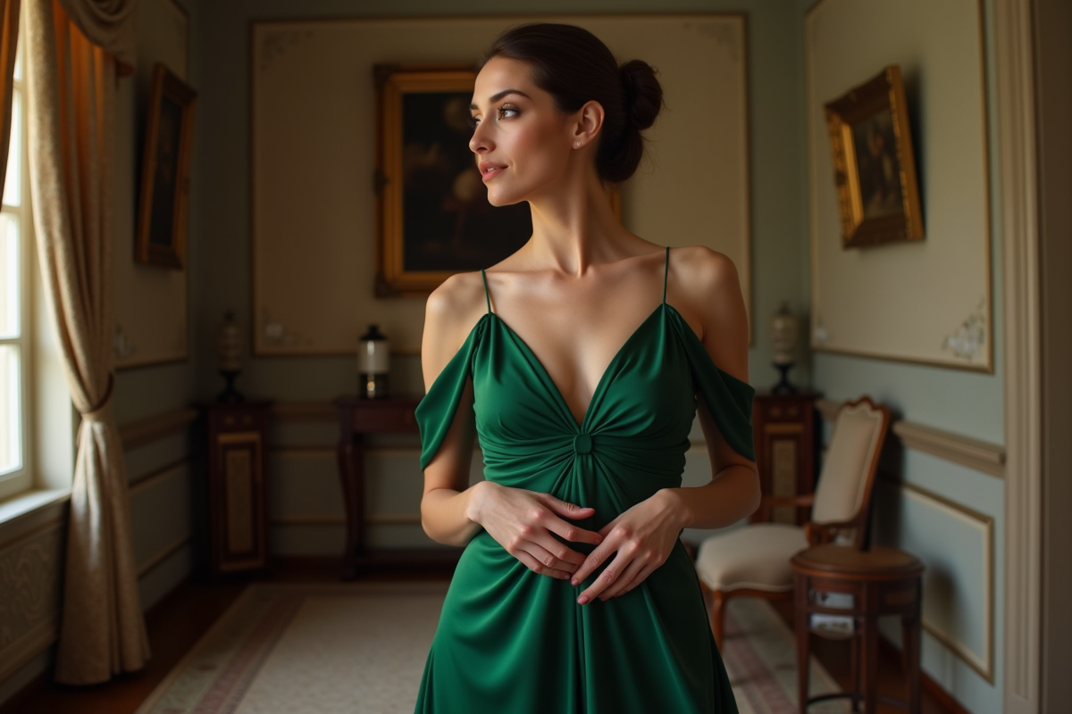 Femme en robe verte élégante ajustant sa taille