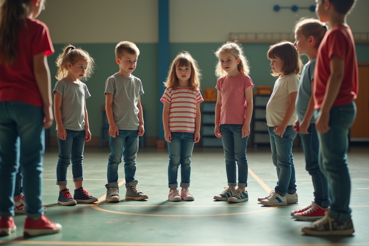 Groupe d'enfants d'école primaire jouant à un jeu de chaussures
