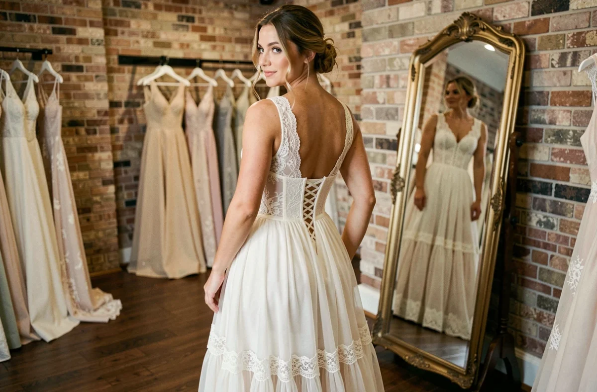 Femme essayant une robe de mariée bohème à dos en dentelle dans une boutique de mariage rustique avec miroir vintage