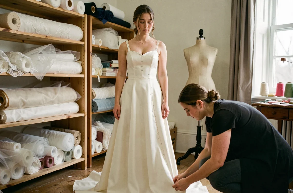 Essayage d'une robe de mariée sur mesure dans l'atelier d'une couturière locale avec des épingles et des finitions visibles