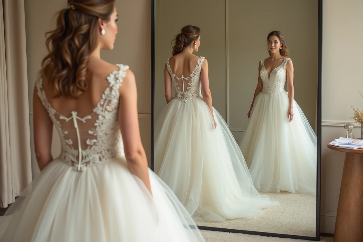 Femme essayant une robe meringue asymétrique devant un miroir en cabine d'essayage