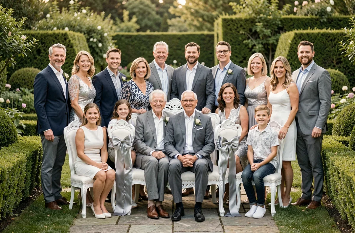 Portrait de famille multigénérationnel en plein air pour célébrer 70 ans de mariage aux couleurs platine
