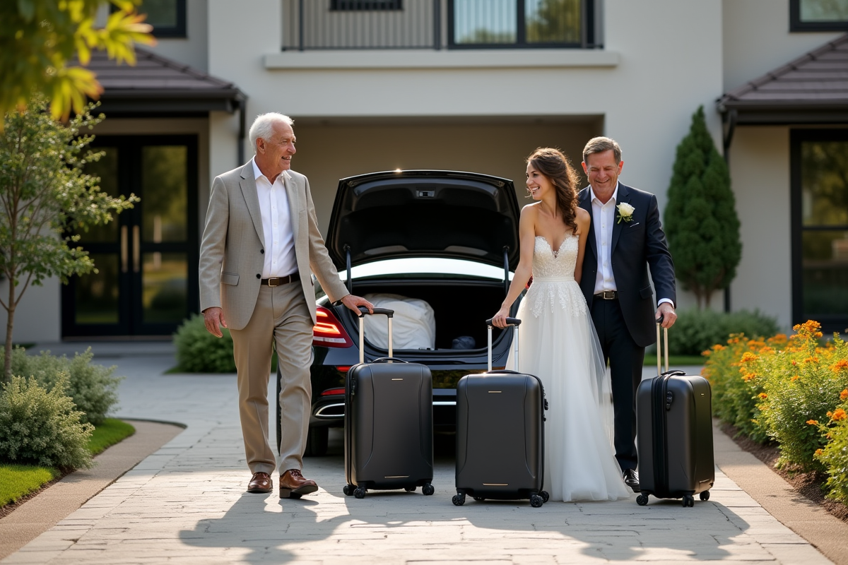 Famille avec voiture et valises lors d
