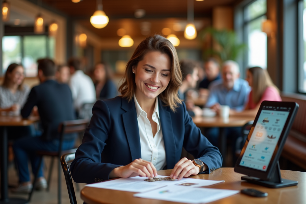 Femme d'affaires souriante comptant des pièces dans un café
