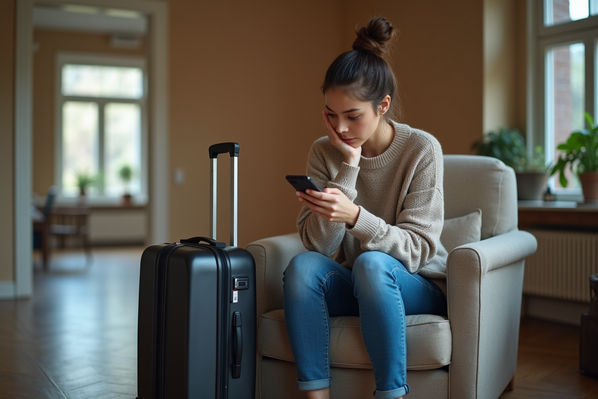 Jeune femme assise dans un salon urbain avec valise