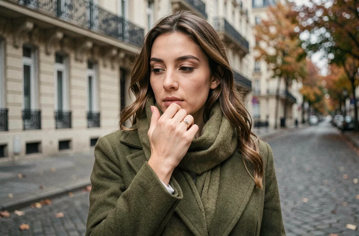Femme portant une bague de PACS moderne en or dans une rue parisienne en automne