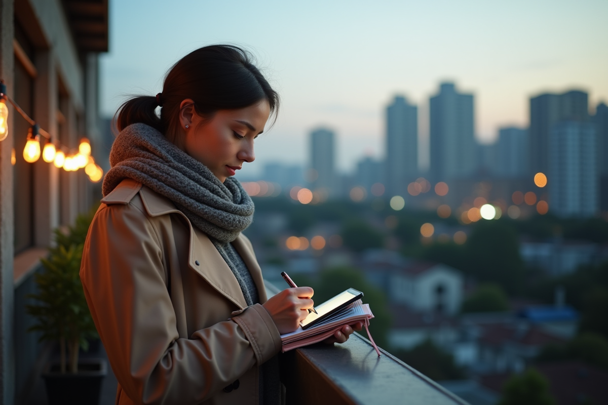Jeune femme sur un balcon urbain en soirée avec smartphone