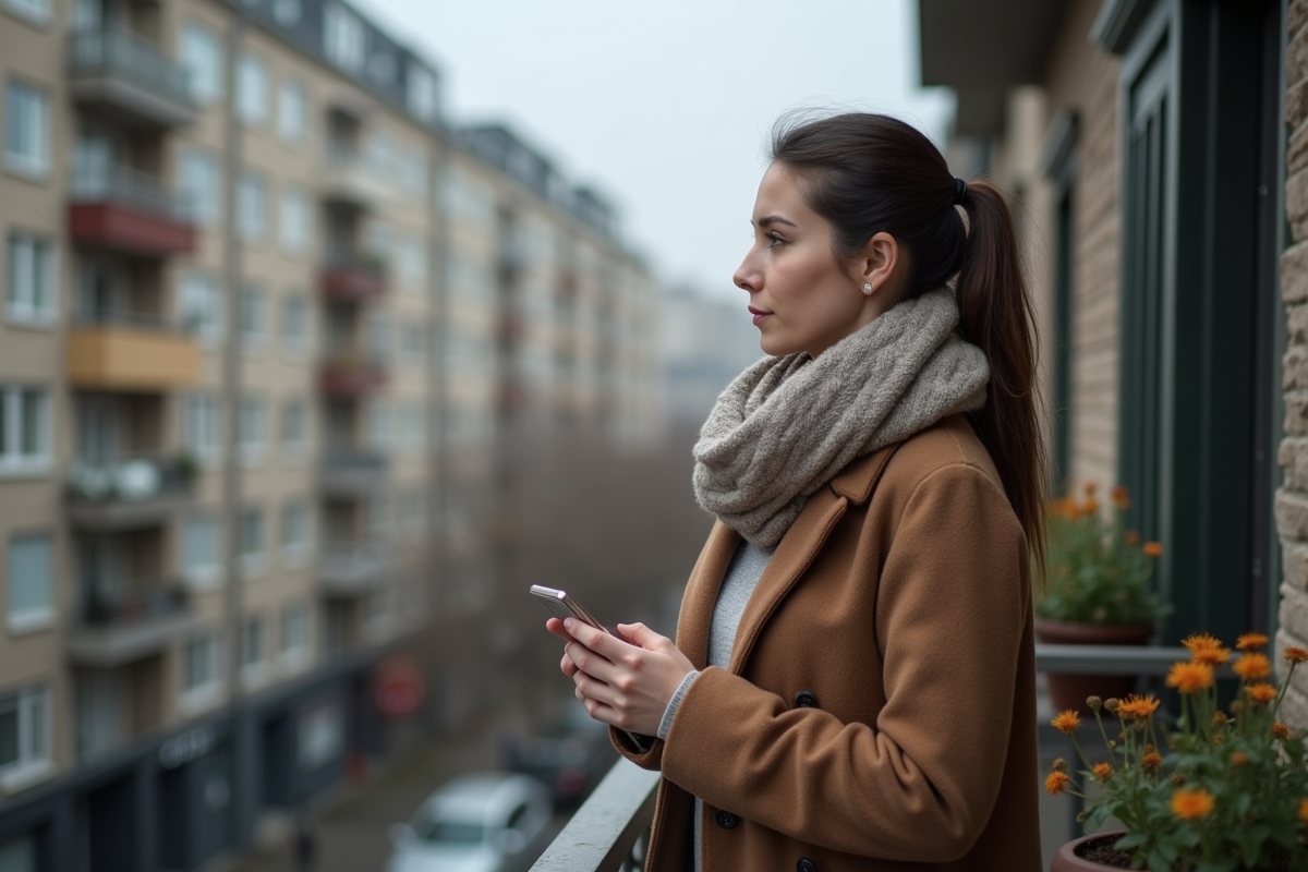 Femme contemplant la ville depuis un balcon urbain
