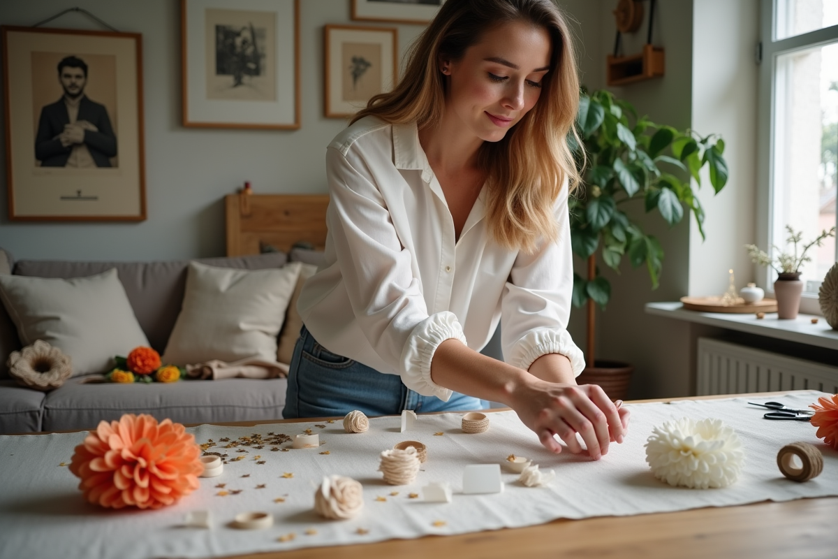 Jeune femme arrangeant fleurs en papier pour mariage