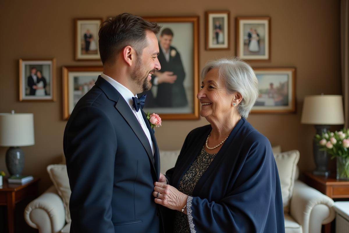 Femme élégante aidant son fils à ajuster sa boutonnière