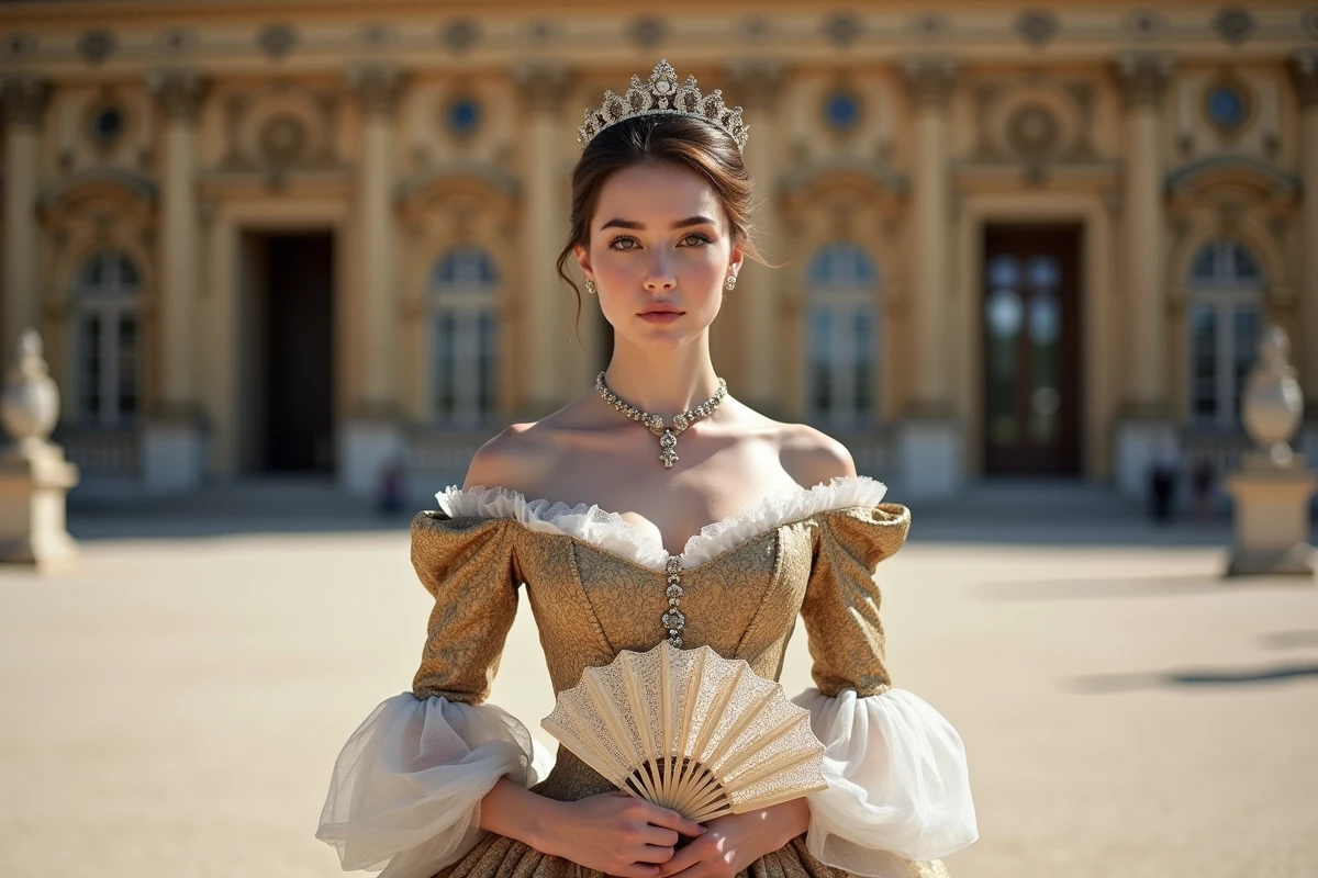 Jeune femme en robe opulente devant Versailles
