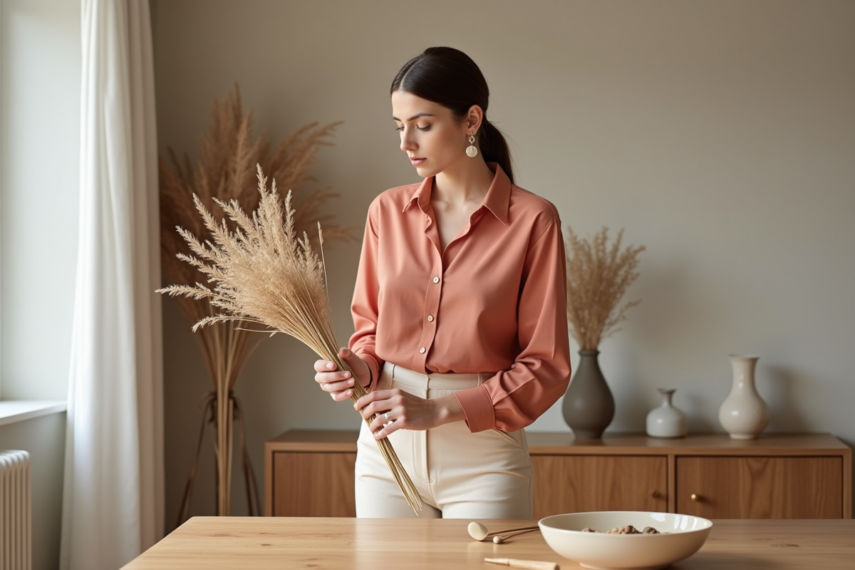 Femme moderne arrangeant un bouquet dans un intérieur contemporain