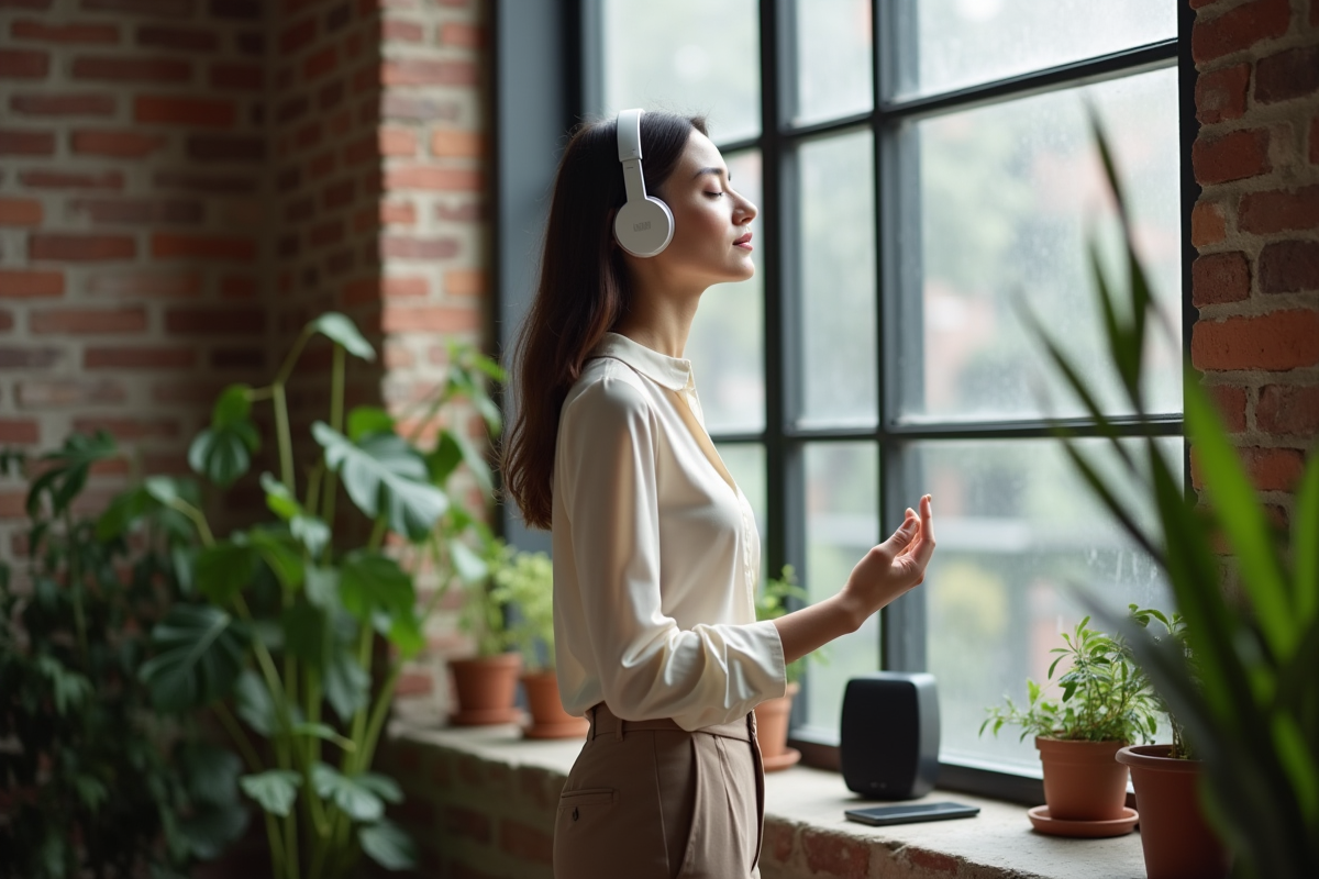 Jeune femme écoutant de la musique dans un loft moderne