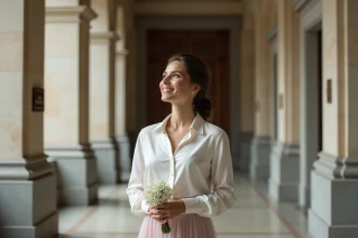 Femme en robe blanche et jupe pastel dans un hall de mairie