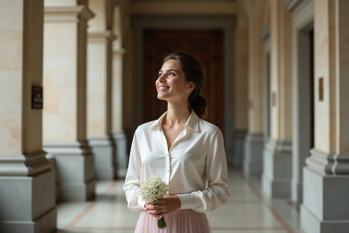 Femme en robe blanche et jupe pastel dans un hall de mairie