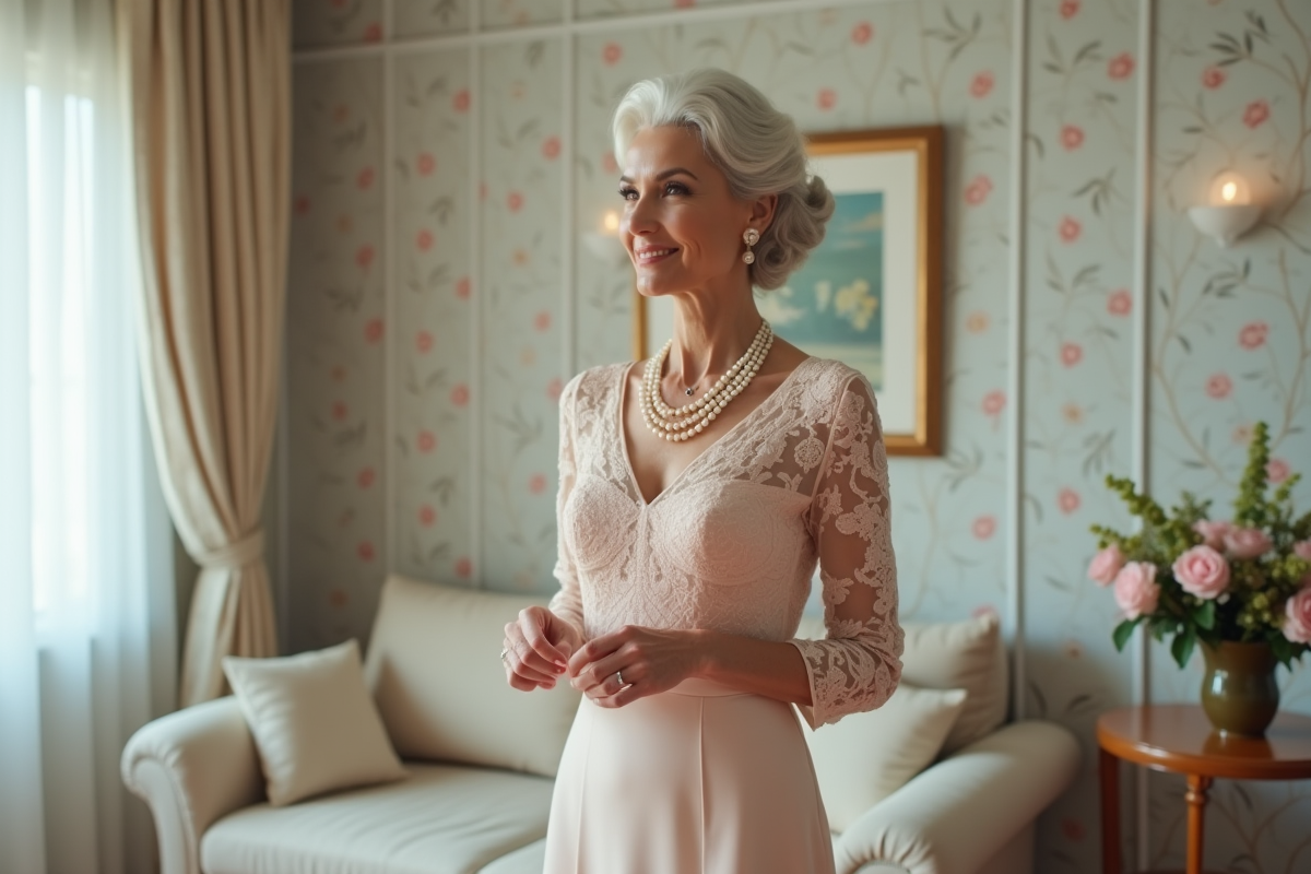 Femme élégante en robe pastel ajustée avec dentelle