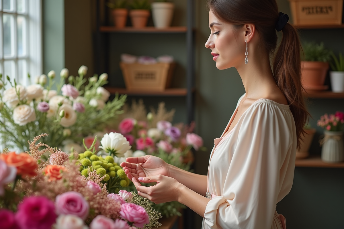 Jeune femme choisissant des fleurs dans une boutique chaleureuse