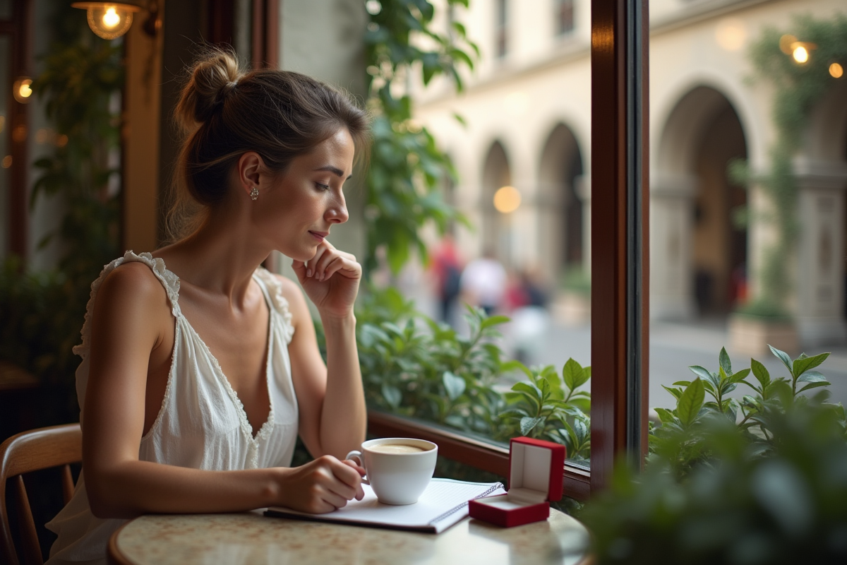 Femme engagée écrivant dans un journal au café en ville