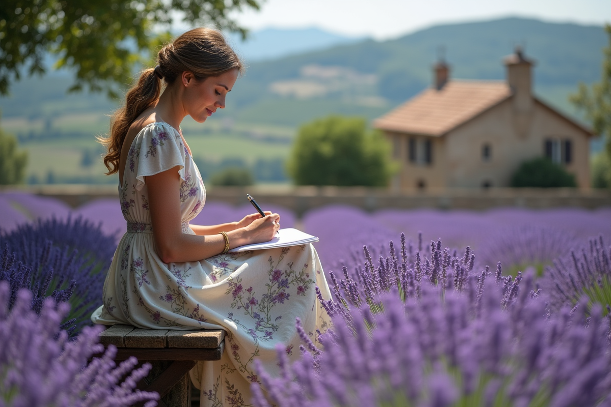Femme méditant dans un champ de lavande en Provence