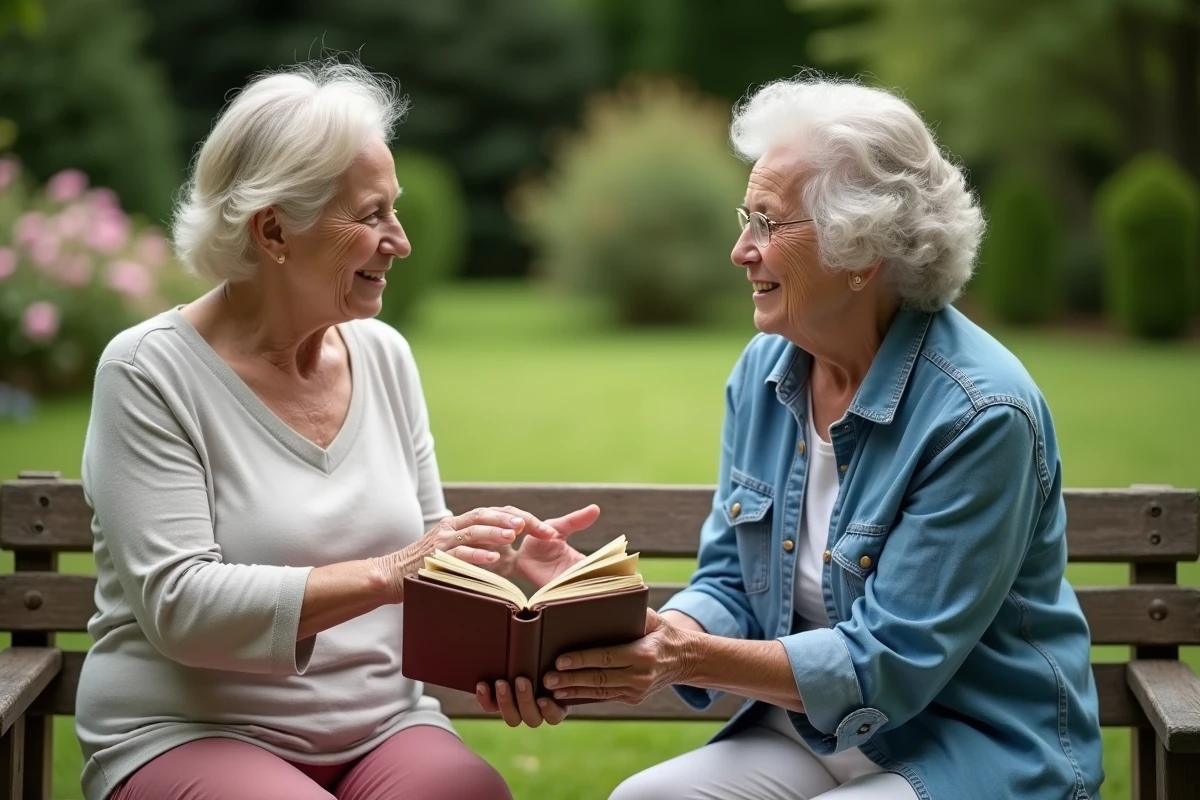 Femme âgée offrant un album photo dans un jardin paisible