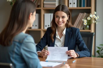 Jeune organisatrice de mariage expliquant un devis à un couple