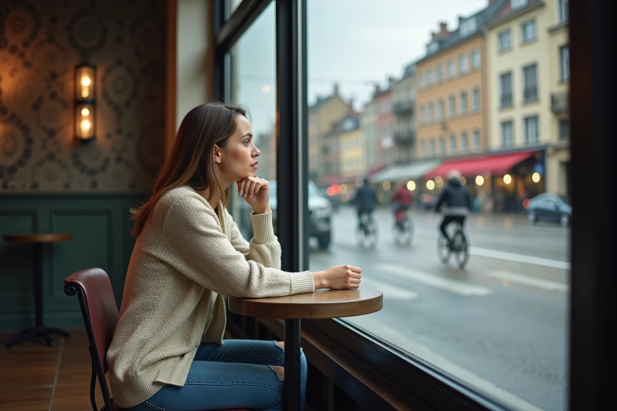 Femme pensant assise dans un café en ville