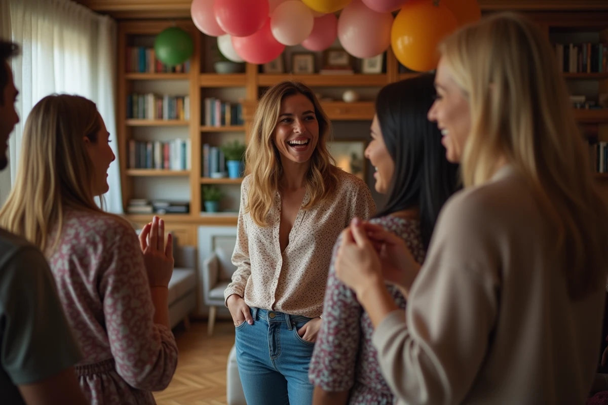Femme souriante avec amis autour d'un photo booth chaleureux