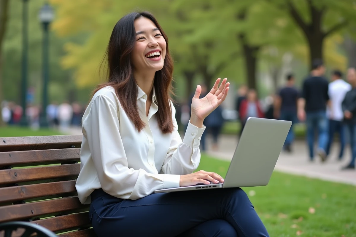 Jeune femme riant avec un ordinateur dans un parc urbain
