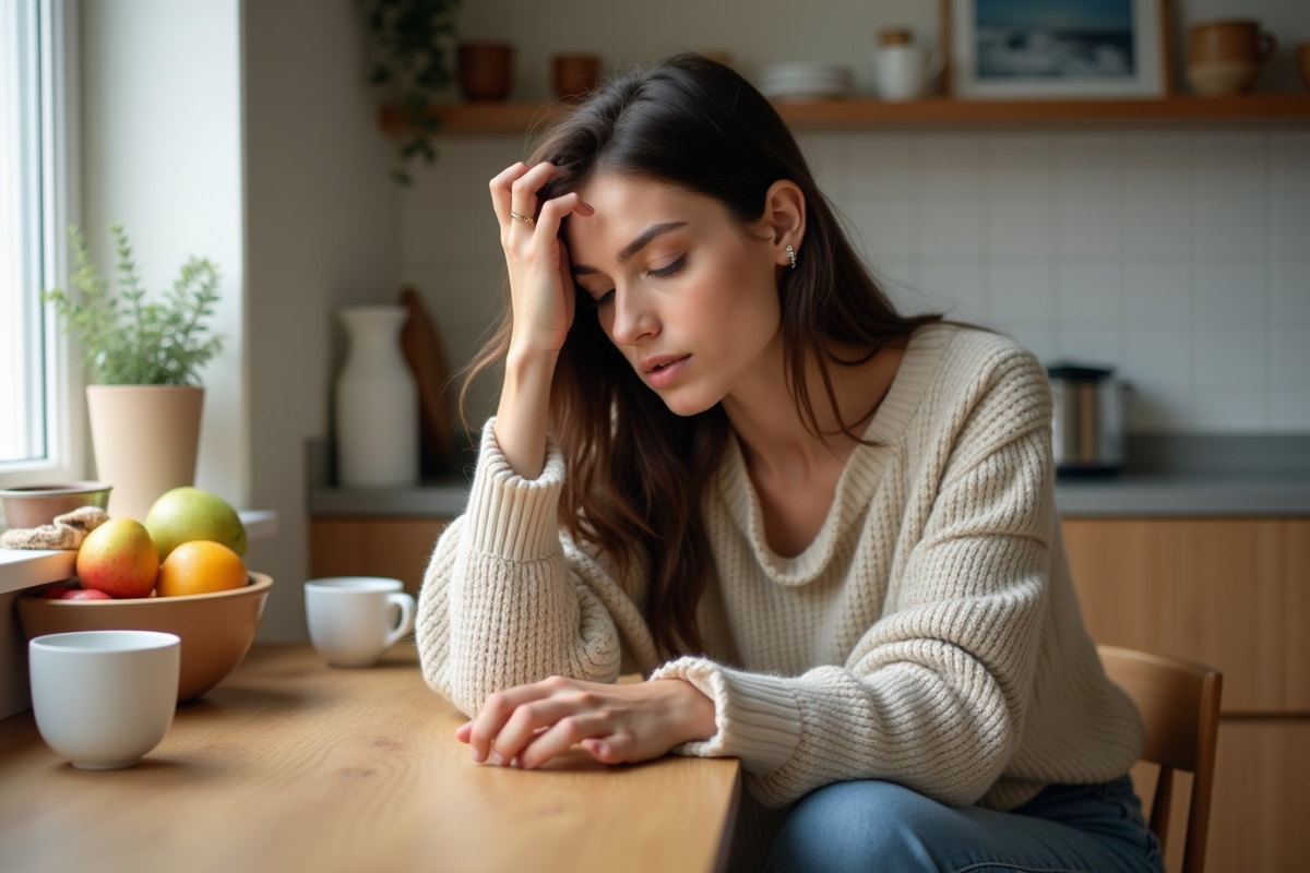 Femme assise à la cuisine regardant sa bague
