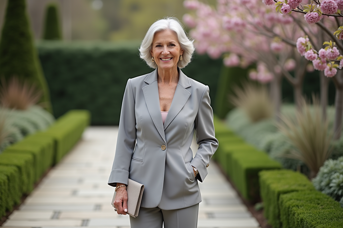 Femme souriante en tailleur moderne dans un jardin fleuri