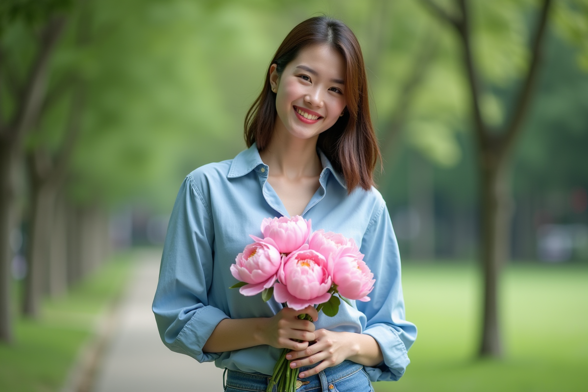 Femme souriante avec bouquet de pivoines roses dans un parc