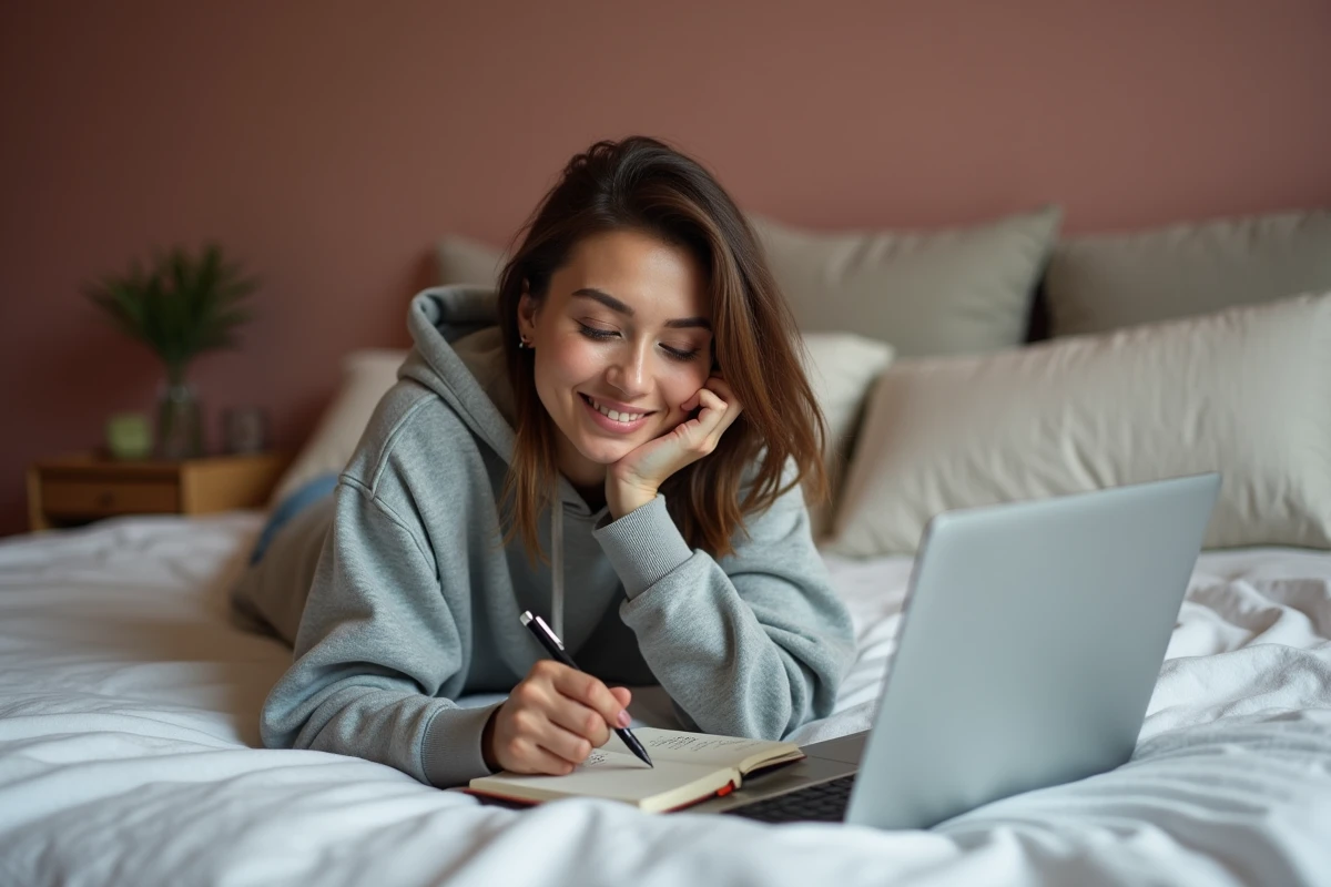 Femme réfléchissant à un test de compatibilité amoureuse par prénom allongée sur son lit avec un journal et un ordinateur