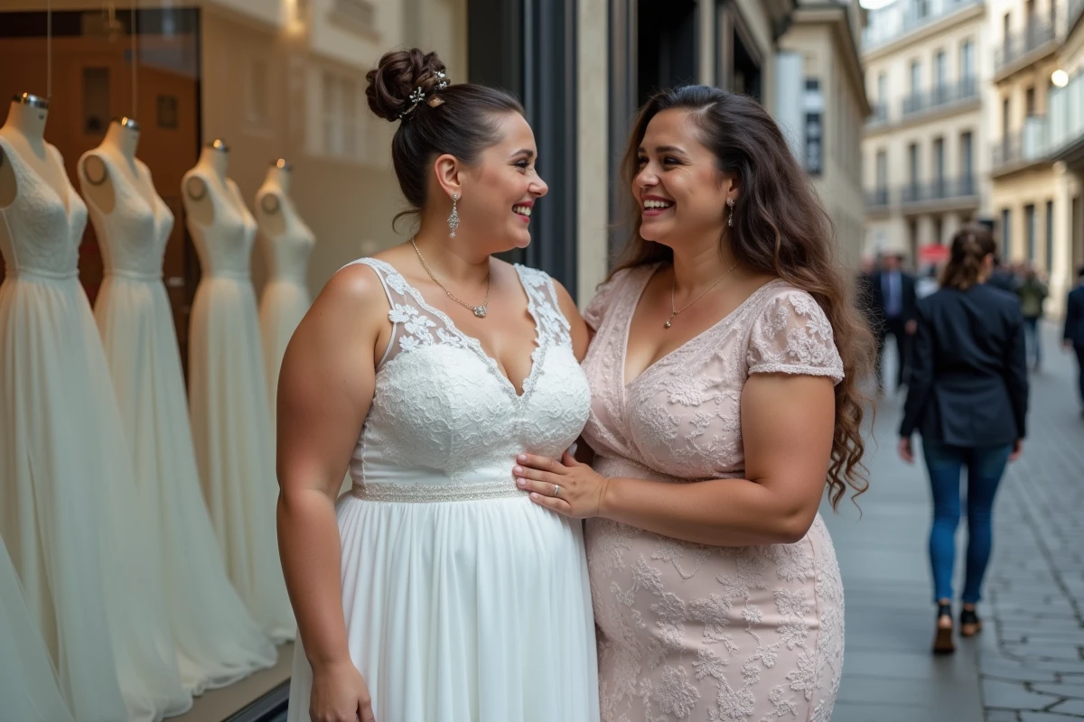 Deux futures mariées rient devant une vitrine de robes