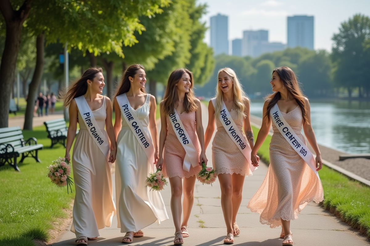 Groupe de femmes souriantes au bord de la rivière lors d'une fête