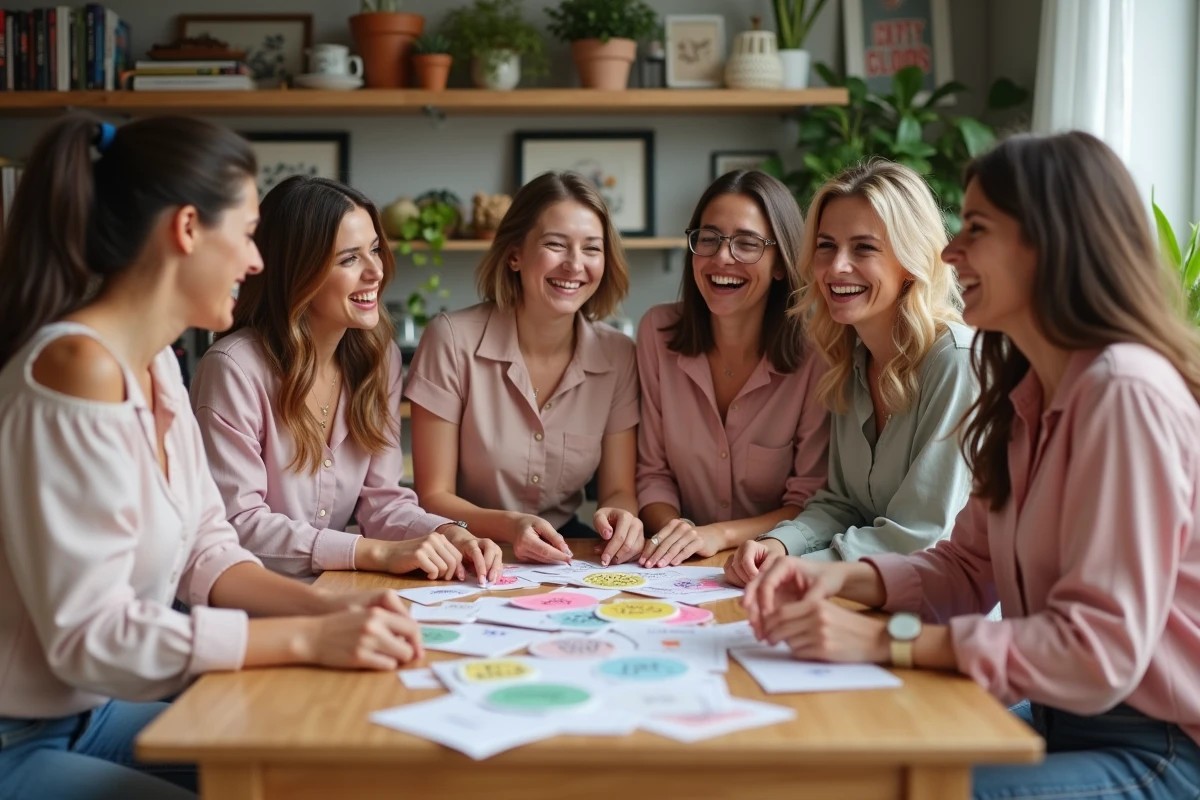 Groupe de femmes rient en préparant des jeux bachelorette