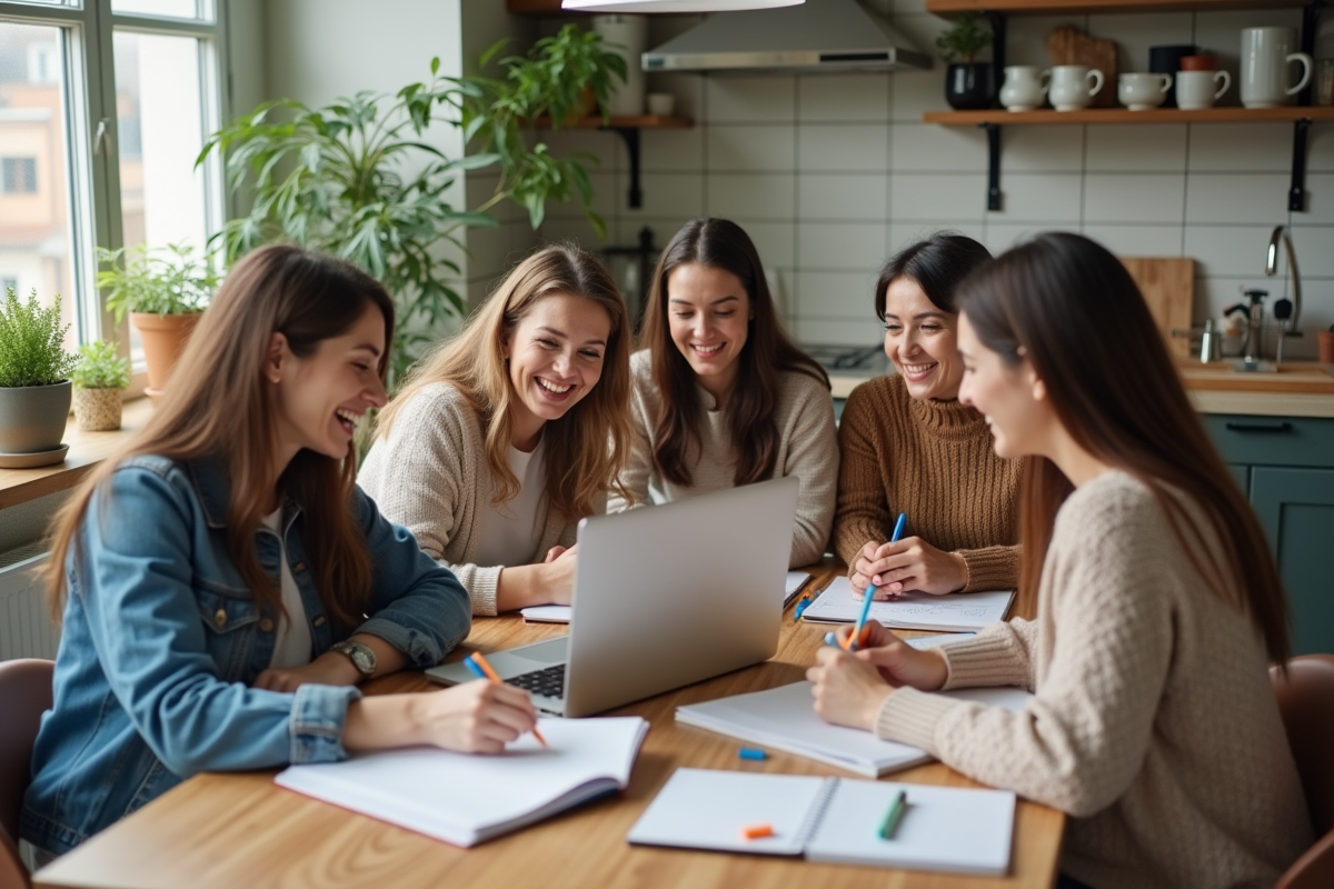 Groupe de femmes discutant autour d'une table de cuisine lumineuse