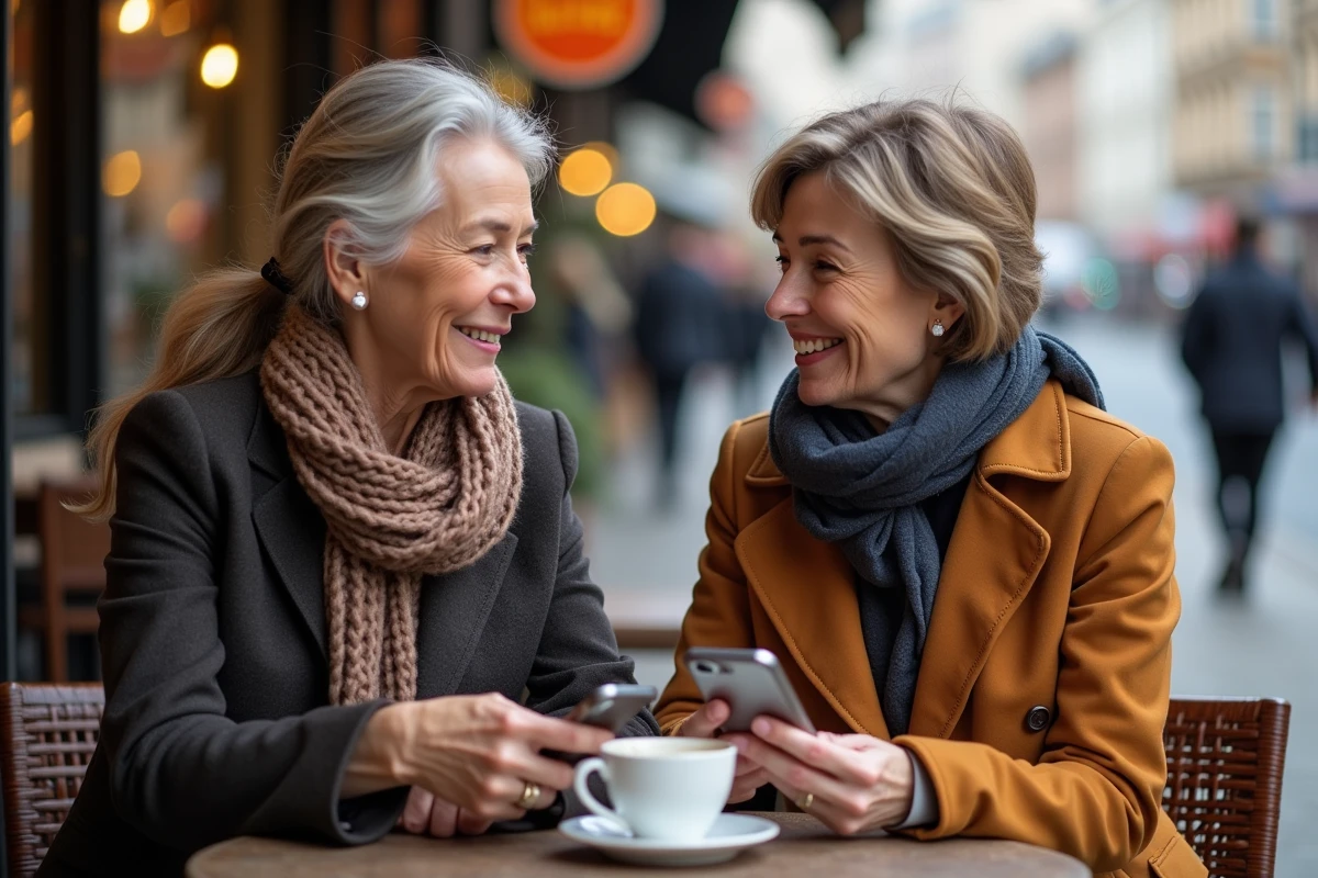 Deux femmes discutant dans un café en plein air
