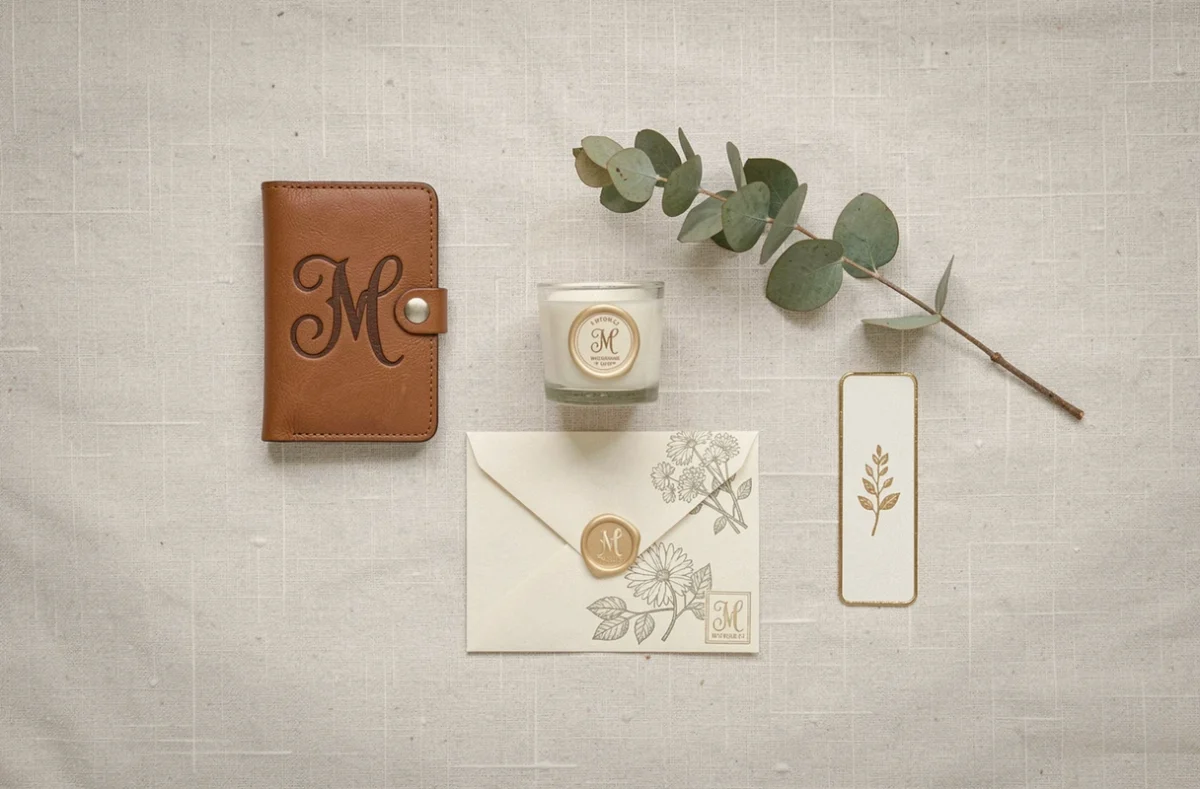 Flat lay élégant d'une sélection de cadeaux raffinés pour témoins de mariage en petit comité