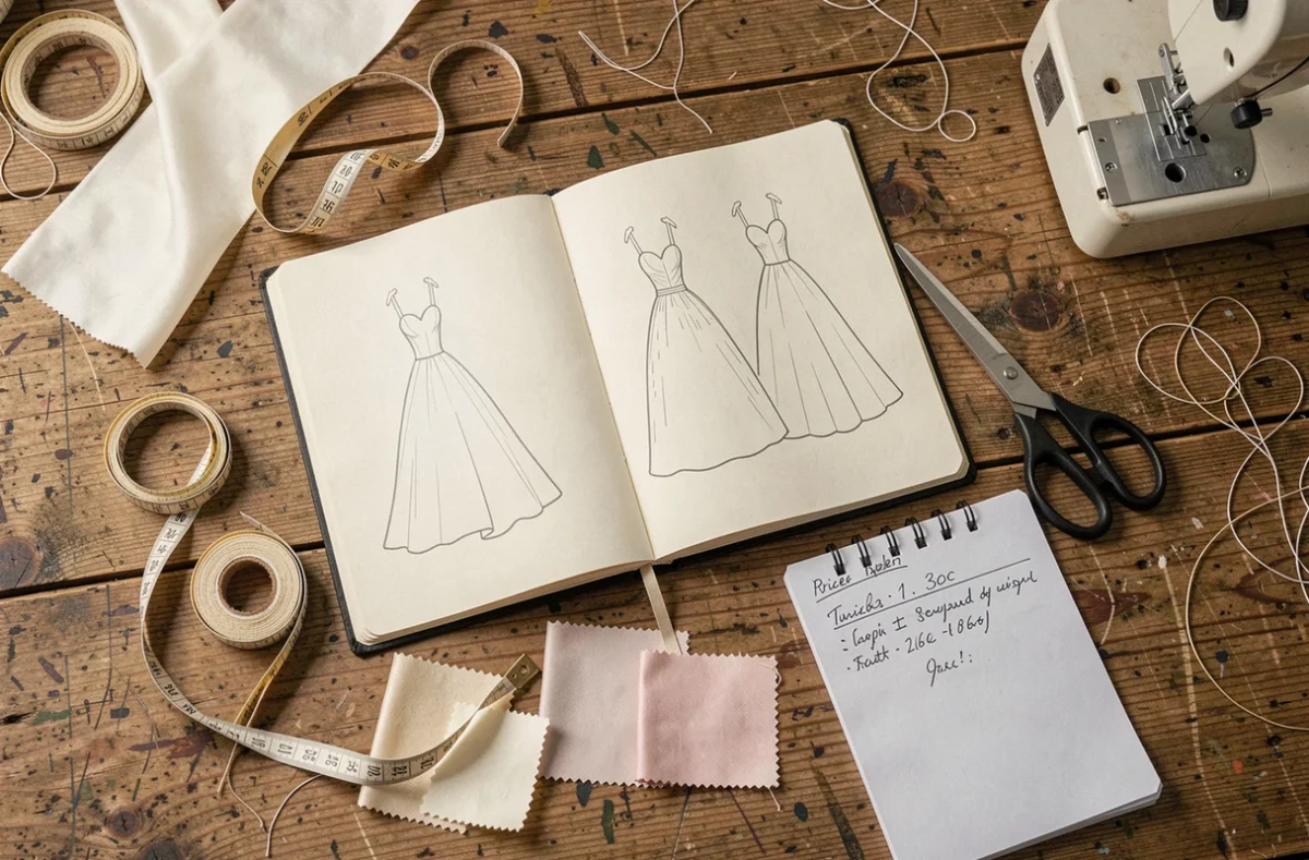 Vue du dessus d'un plan de travail de couturière avec croquis de robe de mariée, échantillons de tissu et devis manuscrit