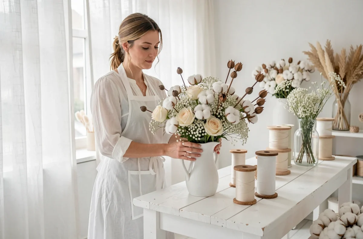Fleuriste de Fleur de Coton arrangeant un bouquet de mariée éthéré tout en blanc avec des fleurs de coton et de la gypsophile dans une boutique scandinave