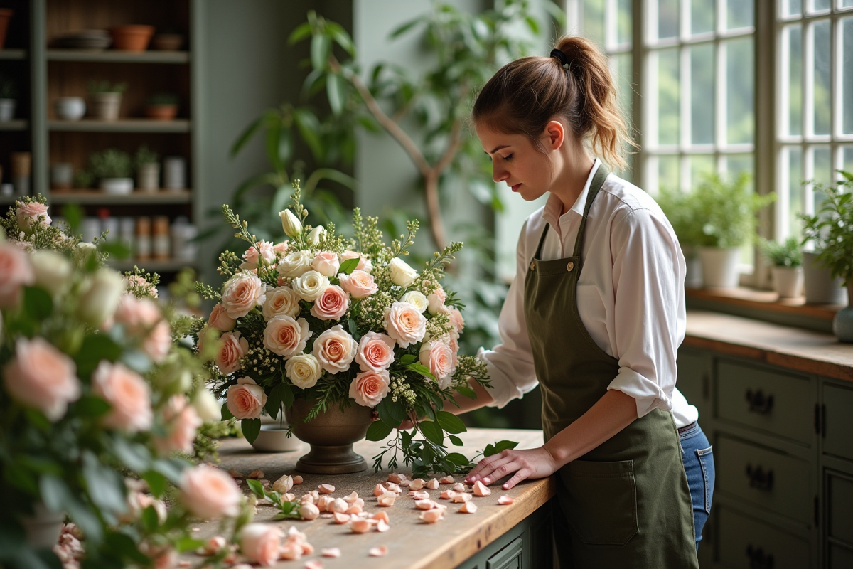 Fleuriste expérimentée préparant un centre de fleurs dans un conservatoire