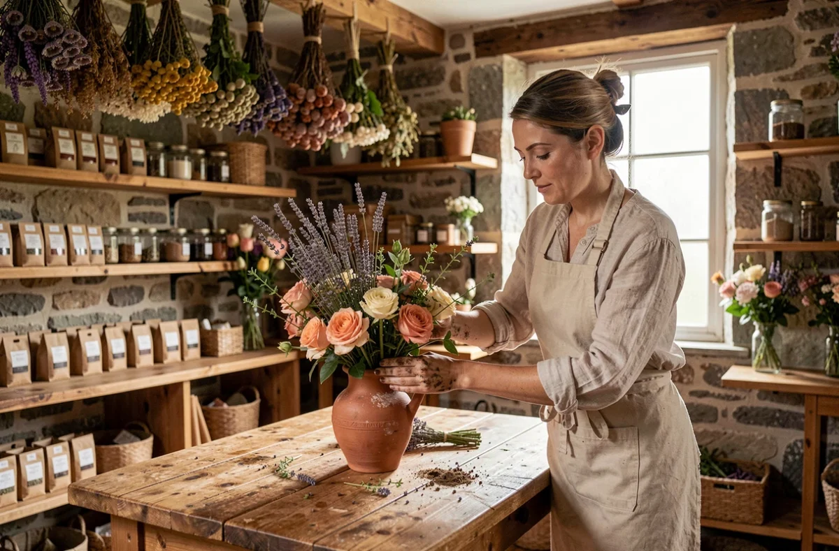 Fleuriste créant un centre de table de mariage écoresponsable avec fleurs locales et saisonnières dans un atelier en pierre