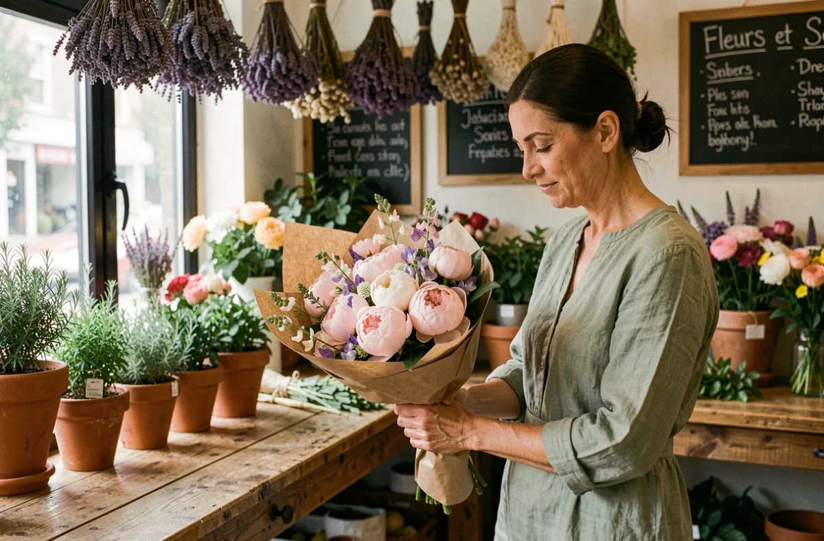 Fleuriste de l'atelier Fleurs et Sens emballant un bouquet de mariée en pivoines blush dans du papier kraft artisanal
