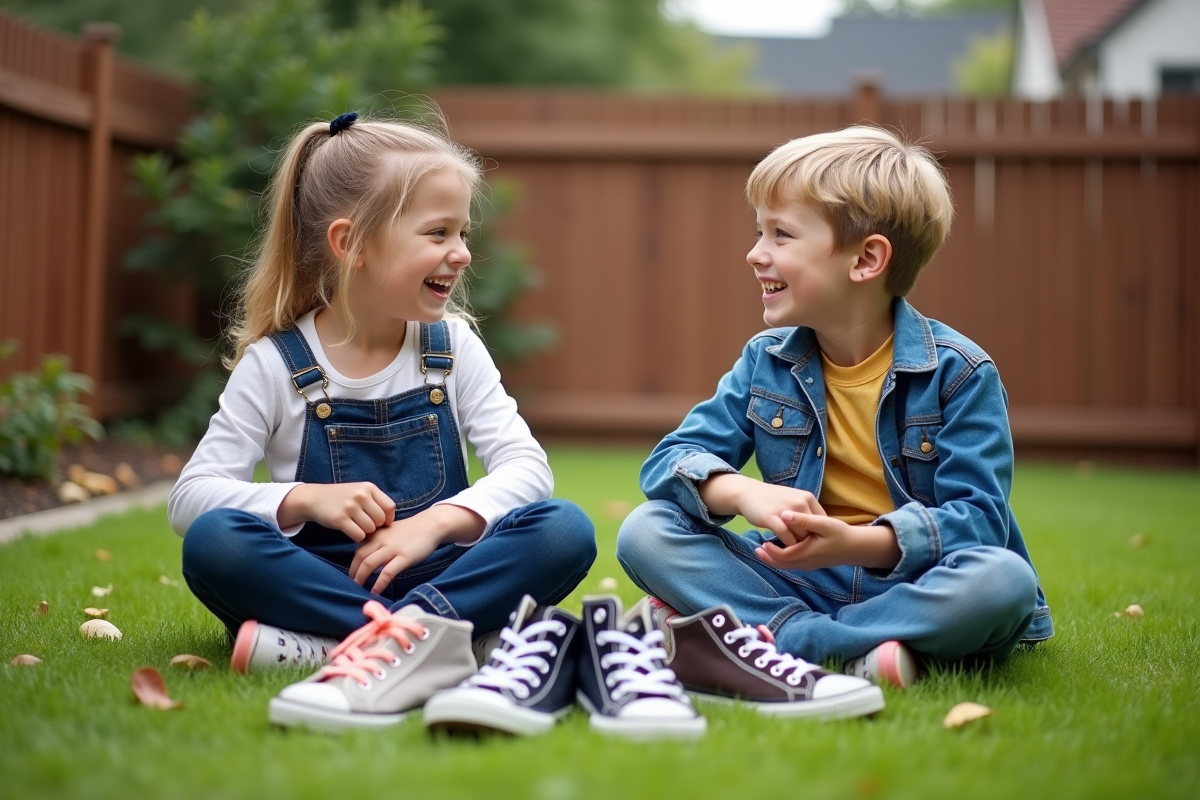Freres et soeurs riant en enlevant leurs chaussures dans le jardin